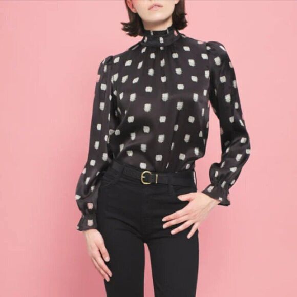 Tucker Stella Top Black Cross Stitch in Silk Stretch Charmeuse Long Sleeves - Picture 1 of 3